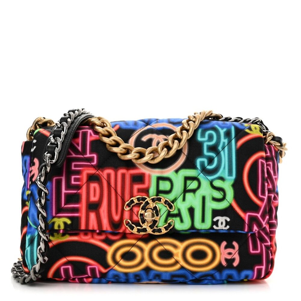 B-1. Chanel 19 Neon Logos Canvas Medium Flap Bag